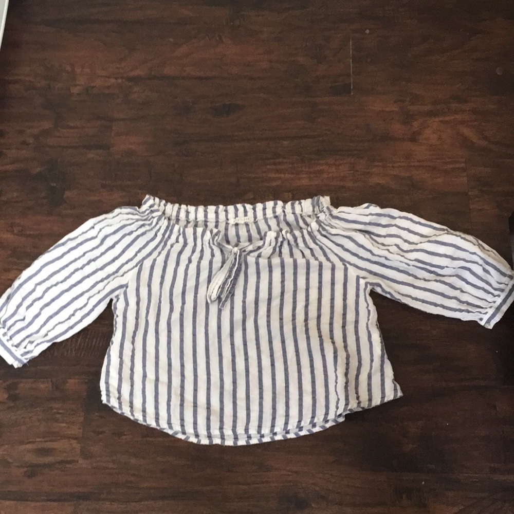 White and blue striped off the shoulder shirt